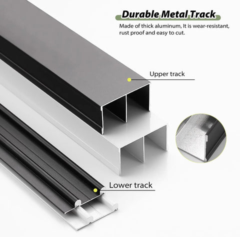 Bypass Sliding Door Hardware Kit for Closet And Cabinet Doors, shown with black and silver aluminum pocket tracks and rollers