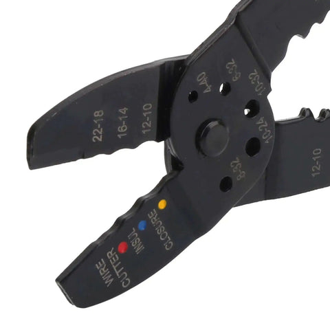 Close-up of Pro Grade Multi Function Wire Terminal Crimping Pliers with carbon steel blade, ergonomic handle, for electrical projects
