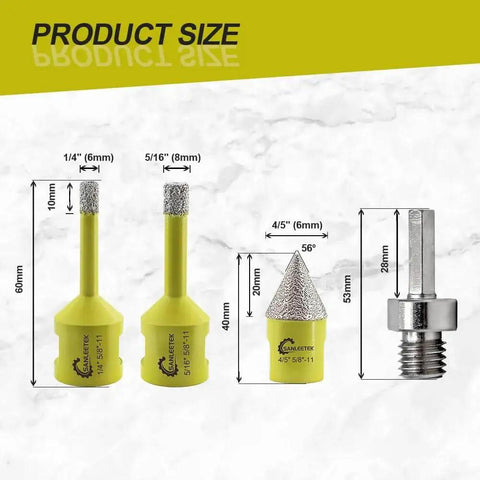 Diamond Core Drill Bits Set For Porcelain Tile Marble Granite And Artificial Stone 4pc Kit with dimensions and sizes shown.