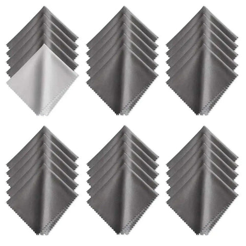 30 Pack Microfiber Cleaning Cloths For Glasses Lenses And Screens 6x7in arranged in rows, featuring 29 grey and 1 white cloth.