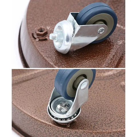 Close-up of blue wheels on 20 Inch Round Plant Stand With Lockable Wheels Heavy Duty 480 Lb Capacity Rolling Plant Caddy