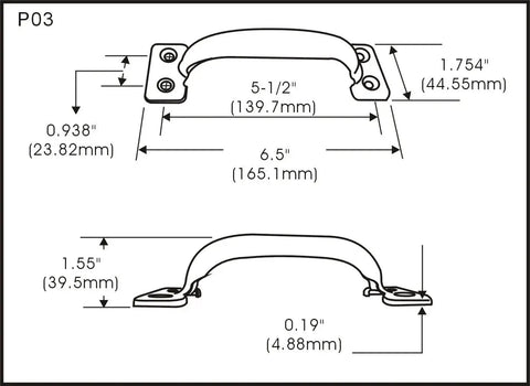 Technical diagram showing dimensions of Door Pull Six And A Half Inch Steel Black Coated Surface Mount Two Pack With Mounting Hardware.