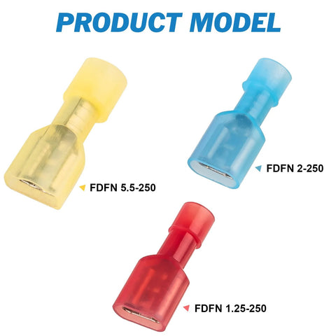 Nylon-insulated female spade connectors in yellow, blue, and red; quick-disconnect terminals for 12-10, 16-14, 22-16 AWG.