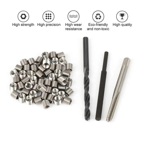 50Pcs Stainless Steel Thread Repair Kit With Helicoil Style Inserts For Aluminum And Other Light Metals shown with tools and inserts