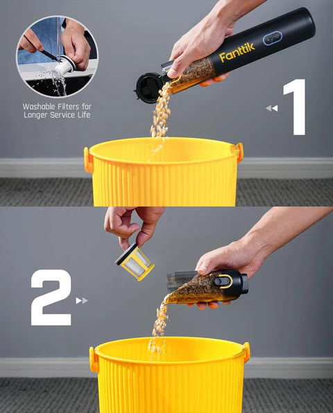 Fanttik Slim V8 APEX car vacuum, black handheld cordless with removable filter shown in a two-step collage.