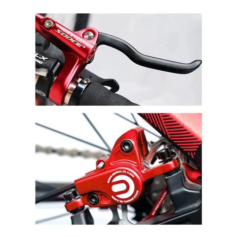 Two-view Cyclon MTB hydraulic disc brake set; red aluminum caliper and black lever with IS/PM adapter for 160mm rotor