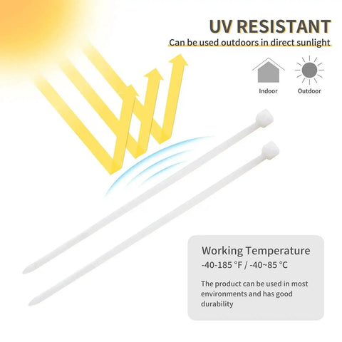 4 Inch White Nylon Zip Ties 100 Pack Self Locking Cable Ties For Indoor And Outdoor Use Heavy Duty Small Tie Straps Durable Weather Resistant Cable Management shown with UV resistance and working temperature range.