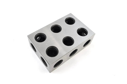 Front view of One Two Three Block Set In Hardened Tool Steel RC 56 60 Precision Ground On All Six Sides For Ultra Flatness And Squareness 11 Hole Universal Block System Matched Pair Two Each For Machinists And DIY Pros with visible 11-hole pattern