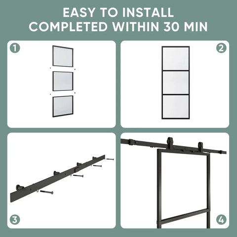 Installation steps for Clear Tempered Glass Barn Door 28 Inch By 84 Inch With Carbon Steel Frame Pre Drilled For Easy Assembly.