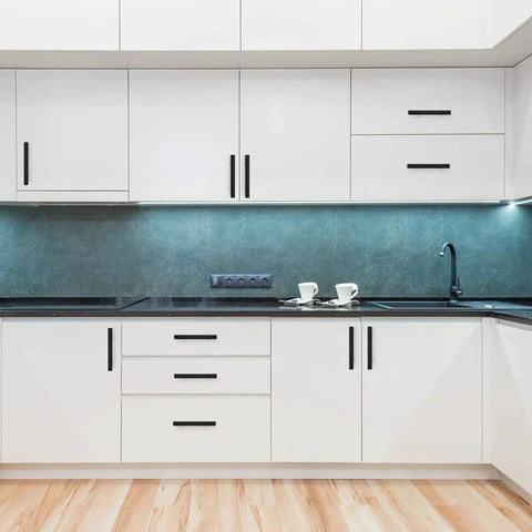 Modern kitchen with white cabinets and Thirty Pack Matte Black Cabinet Pulls Three Inch Cabinet Handles With Five Inch Overall Length.