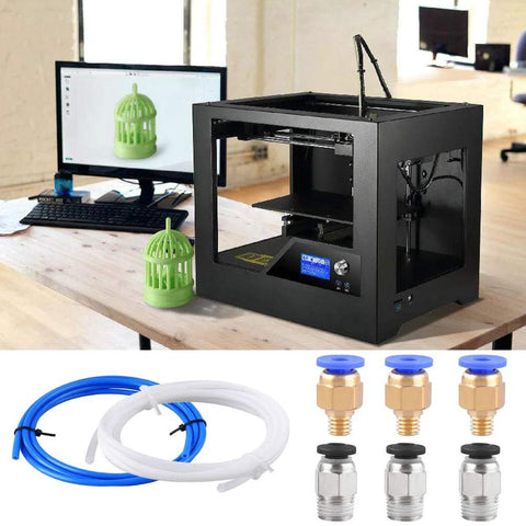 SIQUK PTFE tubing kit for 3D printers: blue and white 1 m PTFE tubes with 8 PC4-M6 and 8 PC4-M10 push fittings.