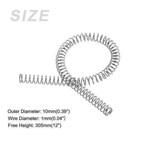 METALLIXITY compression spring, 10 mm OD, 305 mm free length, 304 stainless steel, silver tone