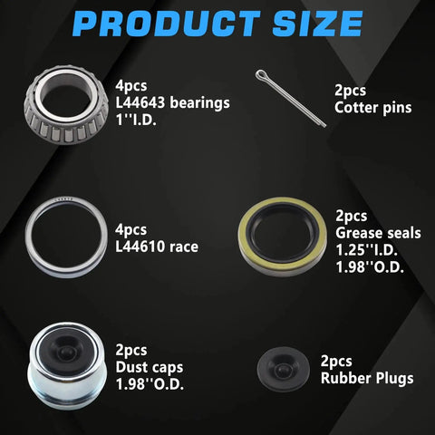 Trailer Hub Bearings Kit For 1 Inch Straight Axles With 12192TB Seals, 1.98 Inch Dust Caps And Cotter Pin, Fits 2000 To 2200 Lbs Trailer Spindles EZ Lube