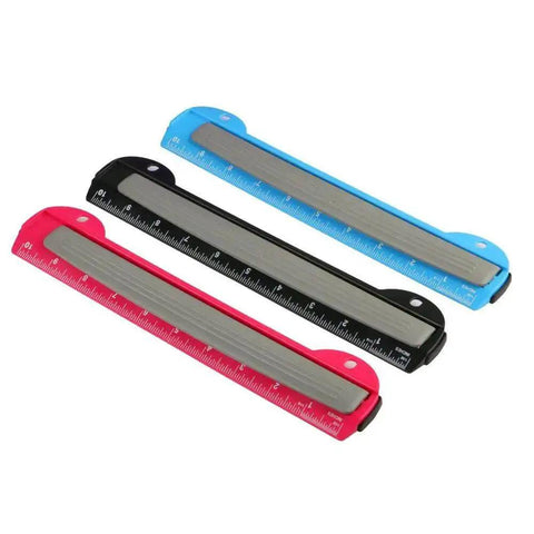 Red, black, and blue 3 Hole Punch For Ring Binders With Built In Ruler, Handy Portable Paper Puncher, 5 Sheets Capacity, on display.