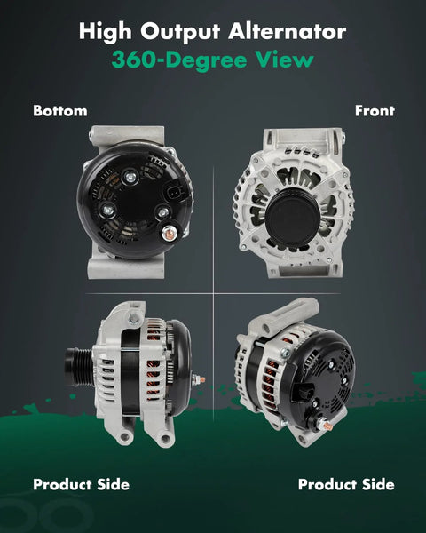 High output Direct Replacement Alternator For 2011-2016 Chrysler 300, 2011-2016 Challenger, 2011-2016 Charger, 2012-2016 Durango, And 2011-2020 Jeep Grand Cherokee 5.7L V8 - 180Amp 12V CW SC6 Pulley, OE 11575, OEM-Quality Power For Your Ride, shown in 360-degree view with front, bottom, and side angles