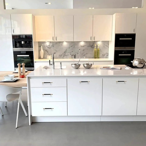 Modern kitchen with white cabinets and island, featuring 12 Pack Knurled Cabinet Handles 5 Inch Hole Center 6.2 Inch Length Aluminum Pulls.