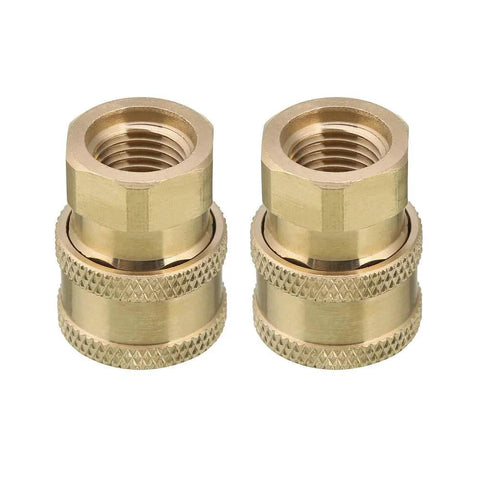 Brass Pressure Washer Coupler One Quarter Inch Quick Connect To Female NPT 5000 PSI 2 Pack Ball Lock Fittings displayed front view
