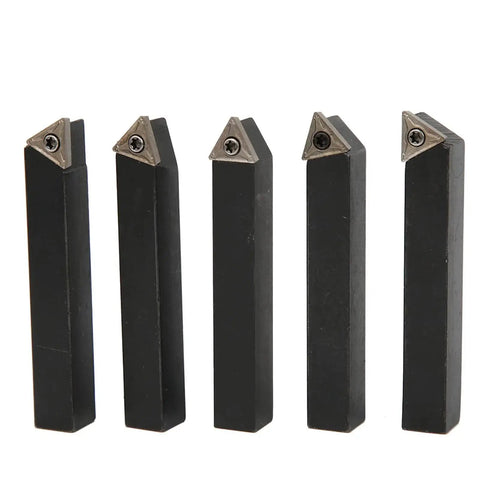 Front view of Versatile 5 Piece 3 Eighth Inch Indexable Turning Tool Set With Cemented Carbide Inserts In 60 Degree 75 Degree And 90 Degree Angles