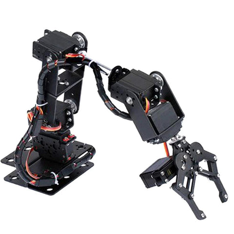 Amazon toy six-DOF robotic arm clamp claw kit with black metal frame, servos, and wiring