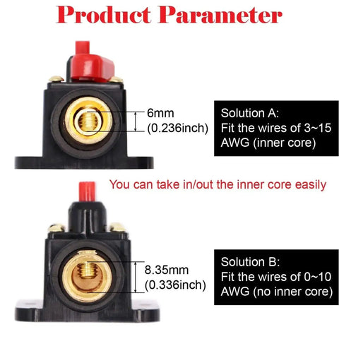 Diagram of 40 Amp Inline Circuit Breaker with Manual Reset Fuse Holder, showing wire fitting solutions for 12V-24V DC systems.