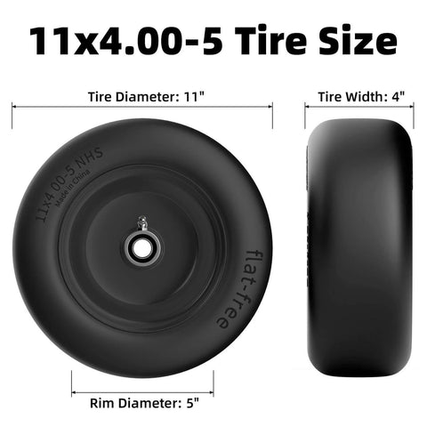 Flat Free 11x4.00-5 Front Lawn Mower Tire And Wheel Set With Solid Polyurethane Core For Zero Turn Mowers, 350 Lb Load