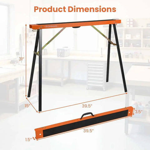 Dimensions of Beefy Saw Horses 2 Pack Portable Galvanized Metal Work Stand with Non Slip Top and Hinge Brace.