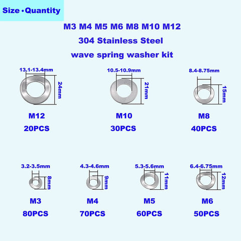 HVAZI 304 stainless steel wave spring washer kit, M3–M12 sizes with 80/70/60/50/40/30/20 pieces