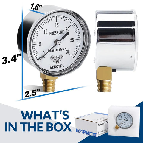 Pressure gauge SENCTRL, 2-1/2 inch dial, 0–30 inWc, 1/4 inch NPT lower mount, for air/water/gas pressure tests