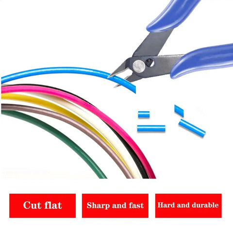 Snipping tool cutting colorful 3D printer filaments, part of the All In One 3D Printer Maintenance Tool Kit With Brass Nozzles For K1 K1C K1 Max K2 K2 Pro K2 Plus Ender 3 Ender 3 Pro Ender 3 V2 Ender 3 Neo Ender 3 V2 Neo Ender 3 Max Neo And All FDM Printers
