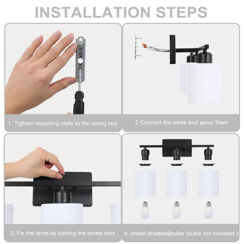Installation steps for Three Light Black Matte Vanity Light Fixture With Milky White Frosted Glass Shades For Bathroom Over Mirror