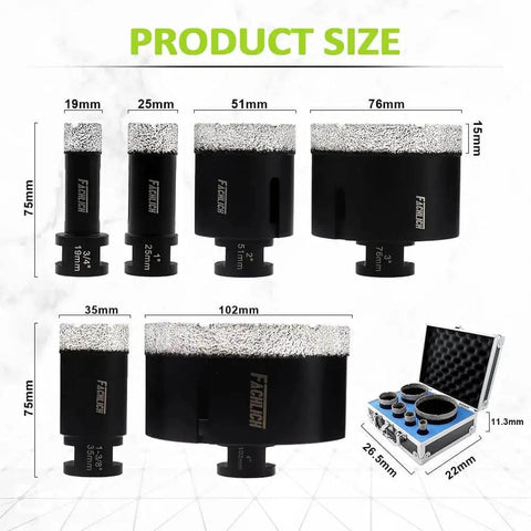 Diamond Core Drill Bits Set 6pc 19mm 25mm 35mm 51mm 76mm 102mm For Porcelain Tile Marble Granite Masonry Brick Dry Wet
