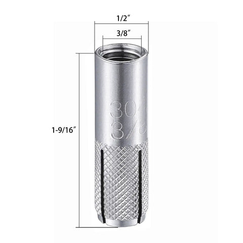 Front view of a stainless steel quarter inch drop-in anchor for solid concrete, featuring knurled grip and internal expansion screw.