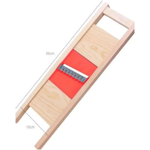 Wave Waffle Fries Cutter And Crinkle Slicer Set Stainless Steel For Potatoes And Carrots Lattice Chip Maker Kitchen Tool Blue Easy To Use And Durable Build in orange wood frame with dimensions labeled 35cm by 10cm.