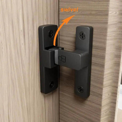 Black heavy-duty flip latch lock installed on wooden door showing swivel function, zinc alloy, for gates barns garages fences cabinets