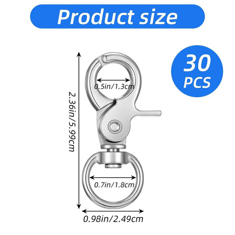 30 Piece Heavy Duty Trigger Snap Hooks Swivel Metal Clasps For Pet Cages in silver zinc alloy with size dimensions shown