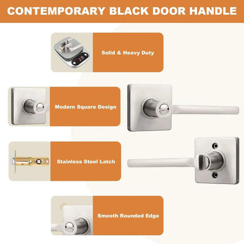 Privacy Door Handle Set For Interior Doors Heavy Duty Square Lever In Brushed Nickel Finish showing design and features