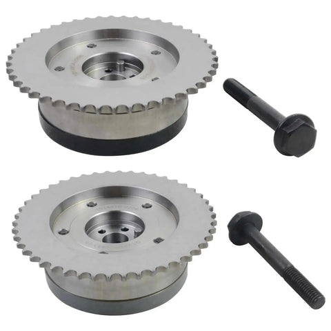 Front view: pair of silver metal timing sprockets with bolts for GM 2.0L/2.4L engines