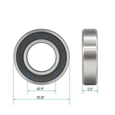 Front and side view of Miniature Deep Groove Ball Bearing R166-2RS 3/16 Inch Bore 3/8 Inch Outer Diameter 1/8 Inch Width, chrome steel