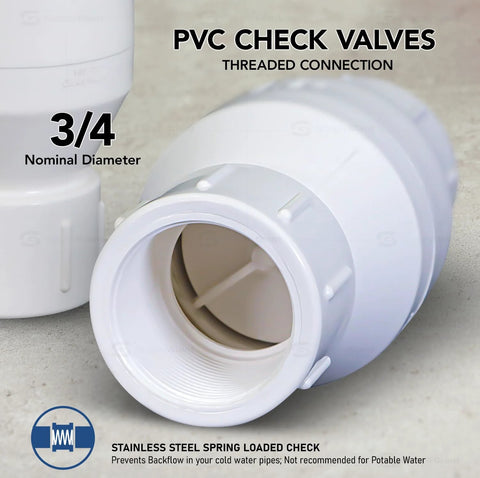 PVC inline check valve, 3/4 inch FIP threaded connection, white plastic for backflow prevention