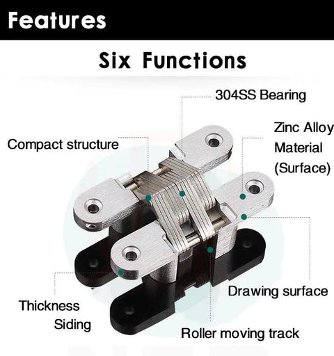 2 Pack Stainless Steel 304 Hidden Hinge With Silent Close, Invisible Mounting Folding Door Hinge for Wooden Doors, Six Features