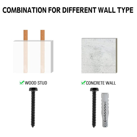 Lag Bolt Kit For TV Mount With M8 Bolts For Wood Studs And Concrete Anchors Includes Allen Key And Bubble Level Heavy Duty Steel Construction For Secure Wall Installation And Easy Re Mounting displayed with wood stud and concrete wall template.