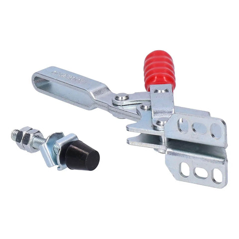 Toggle Clamp 230Kg Hold Down Clamp for Woodworking Jigs and Fixtures, iron frame with red handle and plastic reinforcement.