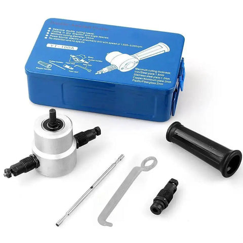 Beast Double Head Sheet Metal Nibbler Cutter For Drills 360 Degree Adjustable with attachments and blue metal box