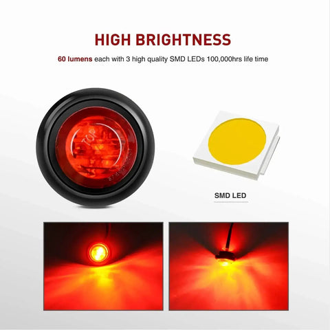 10 Pack Three Quarter Inch Round Mini Led Clearance Lights For Trucks RVs Rigs Buses Trailers Vans Caravans And Boats 12V Red And Amber With Rubber Grommet Surface Mount 60 Lumen Front Rear Side Marker Indicator Kit showing high brightness and SMD LED details