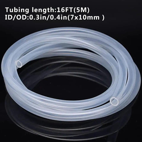 Clear PVC Tubing 7x10mm IDOD 16 Feet Long for aquarium, garden, and industrial use, coiled on black surface