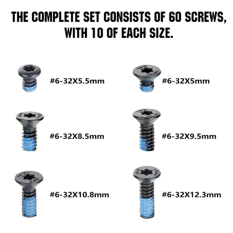 60 Pcs 6 32 Flat Head Screws Kit For Red Dot Sights, Tough Alloy Steel Hardened Grade 12.9 Black Finish, Lengths 5mm 5.5mm 8.55mm 9.5mm 10.8mm 12.3mm, Includes 10 Of Each Size, Built For ARs And Handguns.