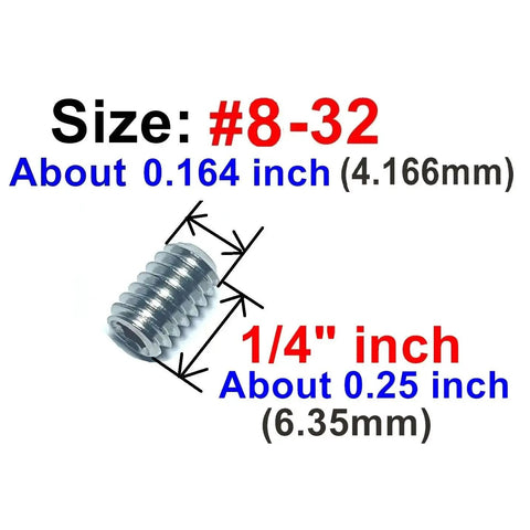 Close-up of 50-Piece 8-32 X 1/4 Inch Stainless Steel Allen Head Set Screws With 5/64 Inch Allen Wrench showing size.