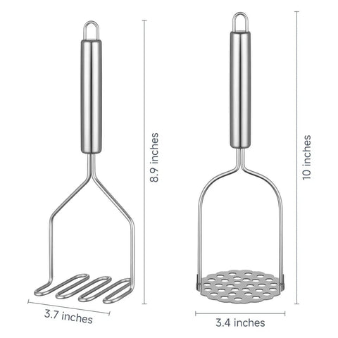 Two Pack Stainless Steel Potato Masher Set With Zigzag Wire And Flower Shaped Hole Heads, dimensions shown.