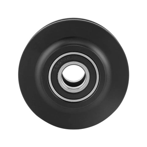 Sliding Barn Door Rollers 2 Pack Sturdy Hardware Wheels For Cabinets And Windows Smooth Glide Quiet Operation Easy Domestic Install Keeps Doors Aligned And Balanced For Everyday Use, close-up of a single wheel with metal center and black exterior.