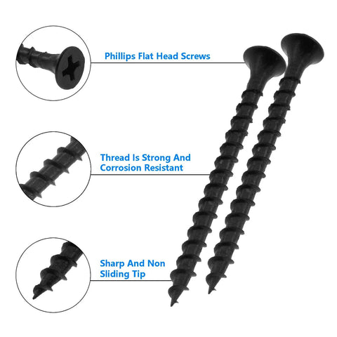 Close-up of Beefy Heavy Duty Drywall Screws For Plasterboard Coarse Thread Bugle Head Phillips Drive Self Tapping Black Phosphate Coating M3.8x16mm 200Pcs Carbon Steel Construction Fasteners For Wood And Drywall Installation showing flat head, strong thread, and sharp tip features.